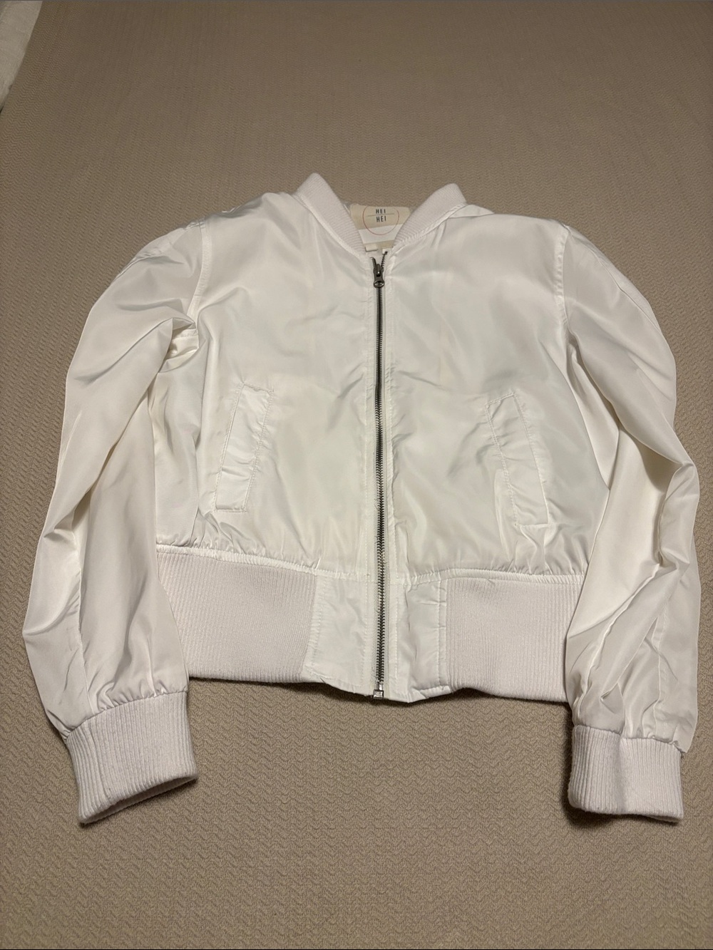 Women's White Bomber Jacket with Ribbed Hem - Unbranded